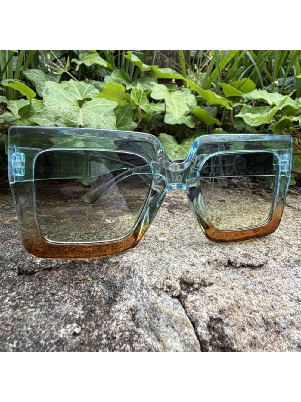 Oversized Square Gradient Sunglasses Blue Amber Ombre Retro Festival Sunnies - Picture 10 of 16